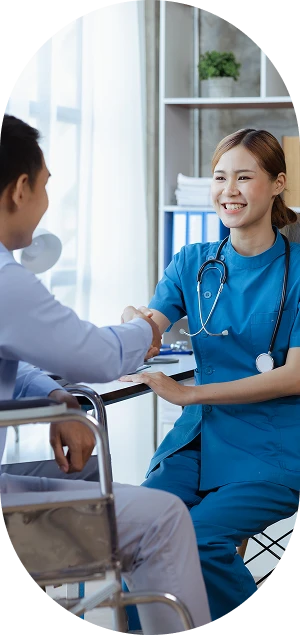 Female Doctor Shakes Hands With Patient Hospital Examination Room Treating Diseases From Specialists Providing Targeted Treatment